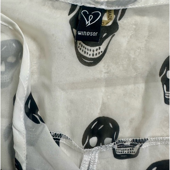 Sheer White with Black Skulls Blouse with Roll-up Sleeves - Picture 9 of 10